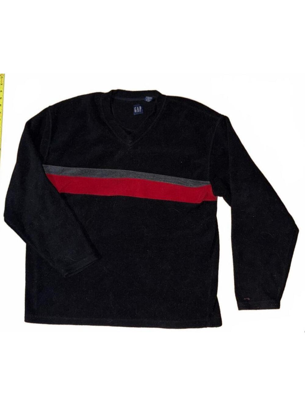 Vintage GAP Men's Black Fleece Pullover with Red and Gray Stripe